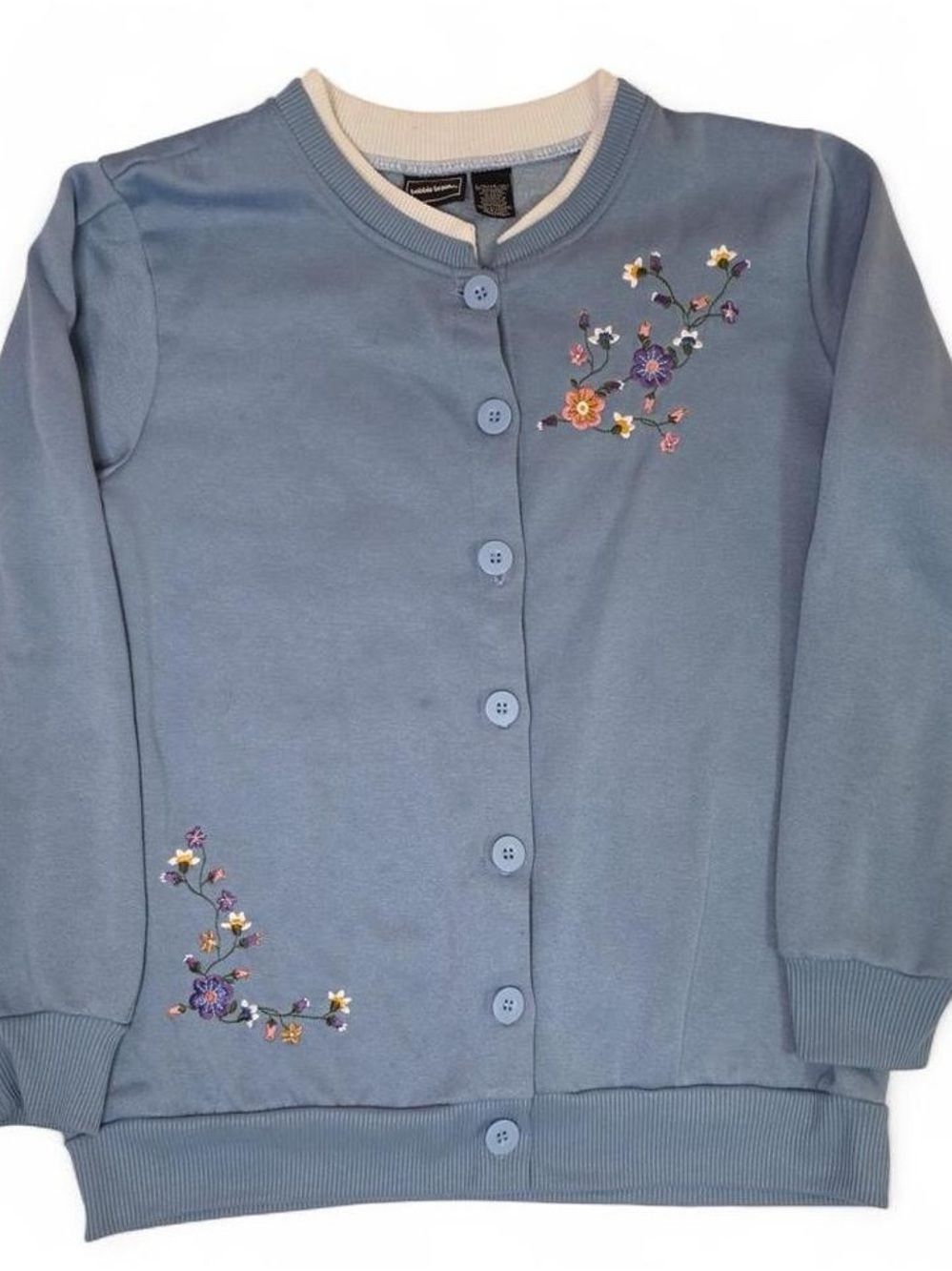 Bobbie Brooks Blue Floral Embroidered Cardigan Women's Large